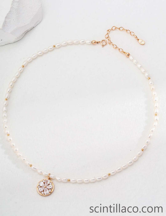 Pearl Necklace with Sakura shape Pendant