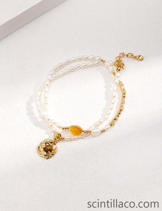 Golden Silver Necklace with Tigerite and Pearl