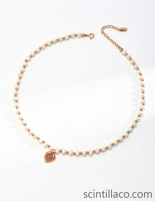 Golden Color Necklace with Pearl and Rose Quartz