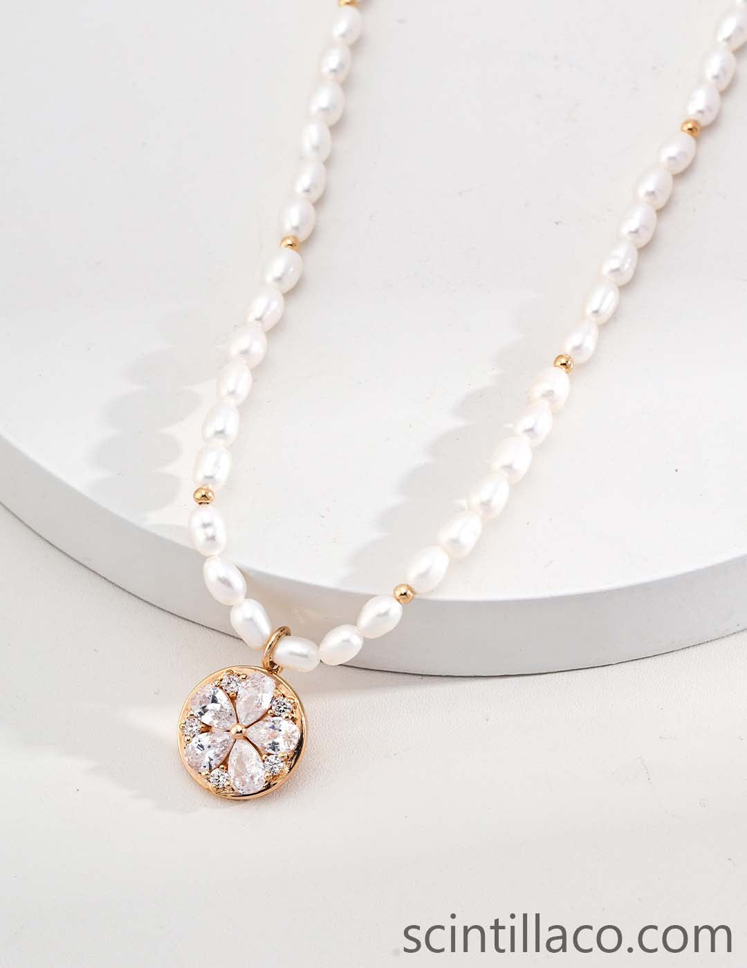 Pearl Necklace with Sakura shape Pendant