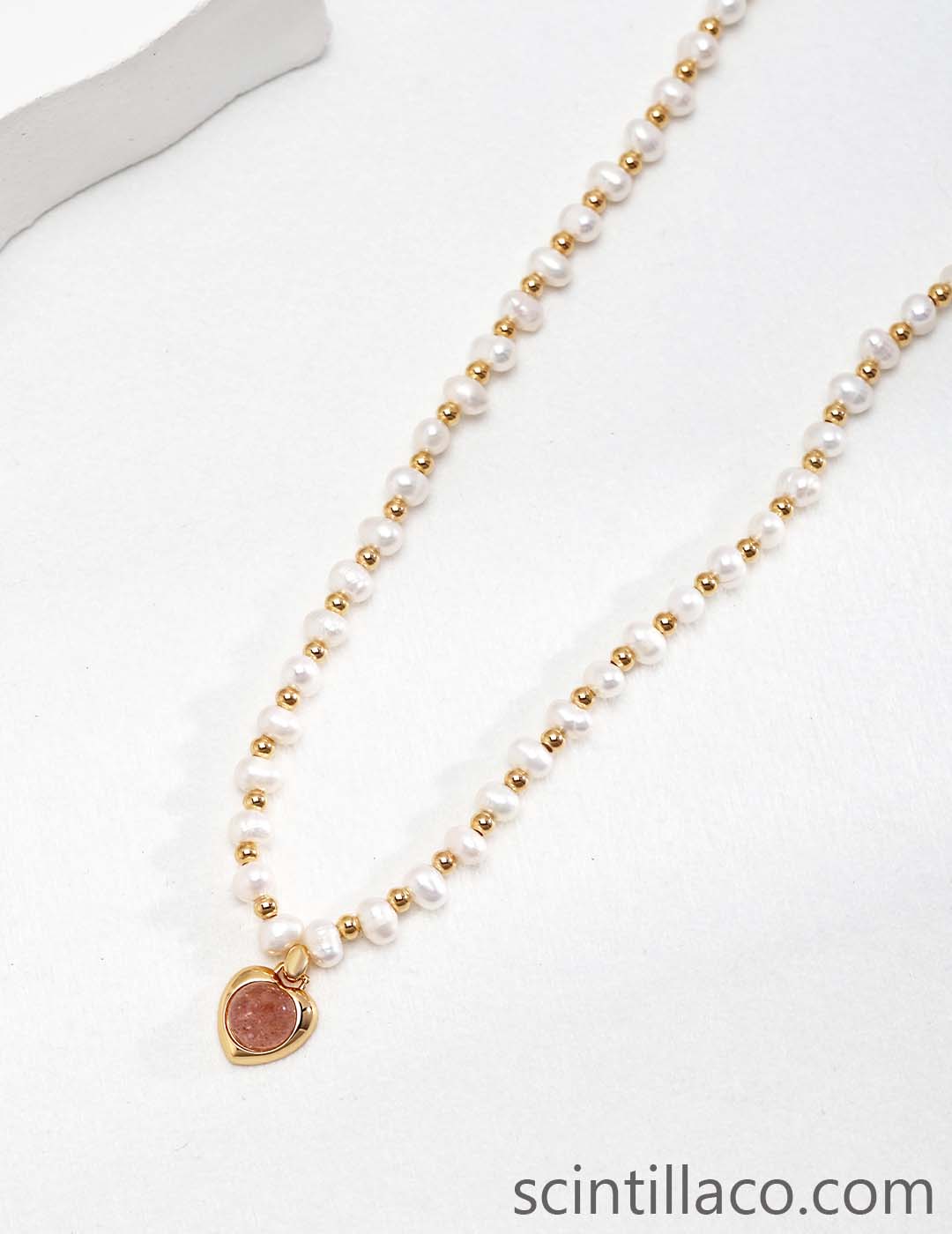 Golden Color Necklace with Pearl and Rose Quartz