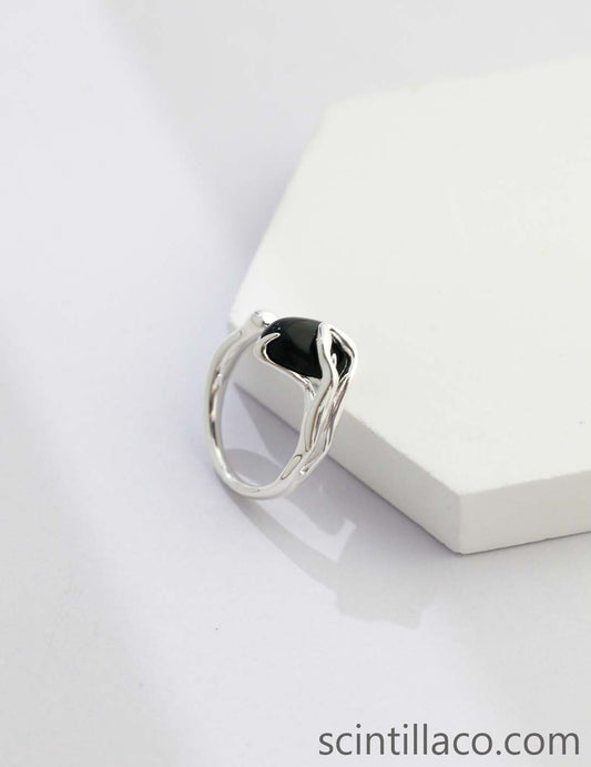 White Gold Color Ring With Black Agate/Malachite