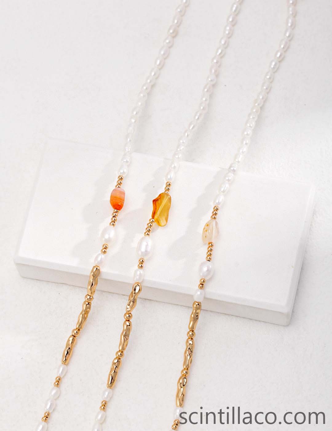 Golden Silver Necklace with Tigerite and Pearl